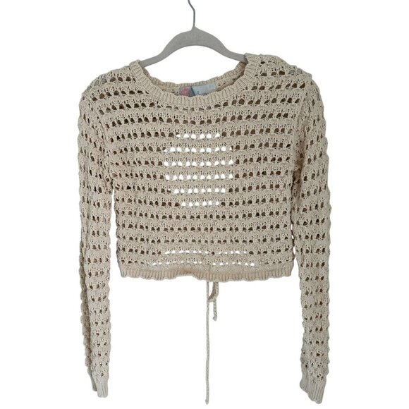 Free People Beach Crop Top Crochet Knit Open Back & Adjustable Tie Beige Long Sl - Picture 2 of 10